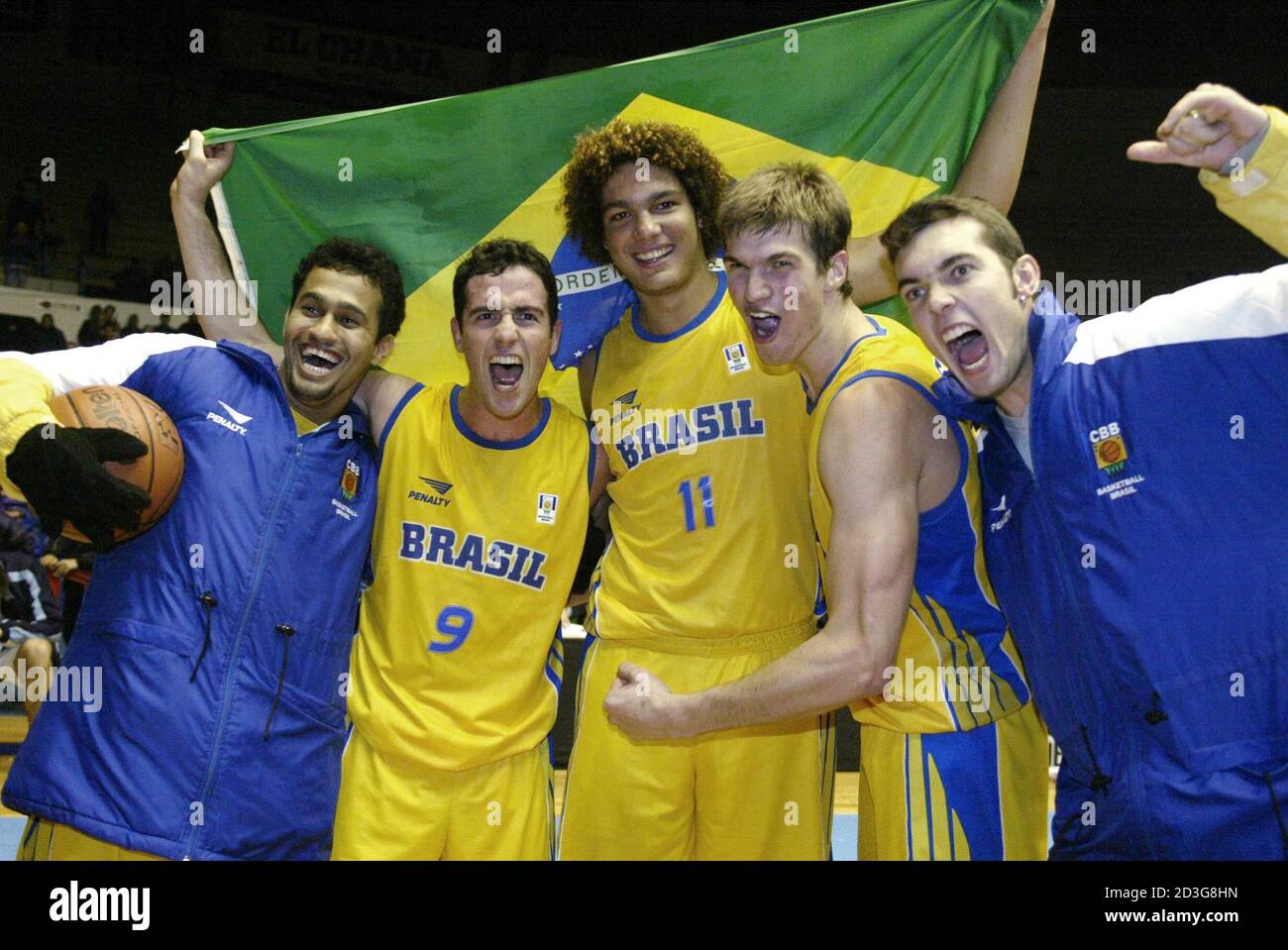 Members of the Brazilian basketball team celebrate their 83-80 victory over  Argentina at the 40th