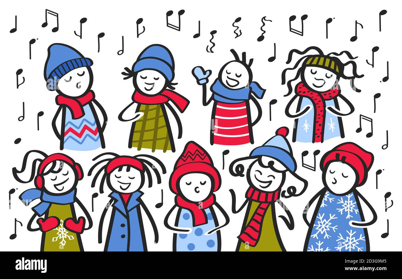 Funny cartoon of stick figures wearing winter clothes singing songs in and out of tune Stock Vector