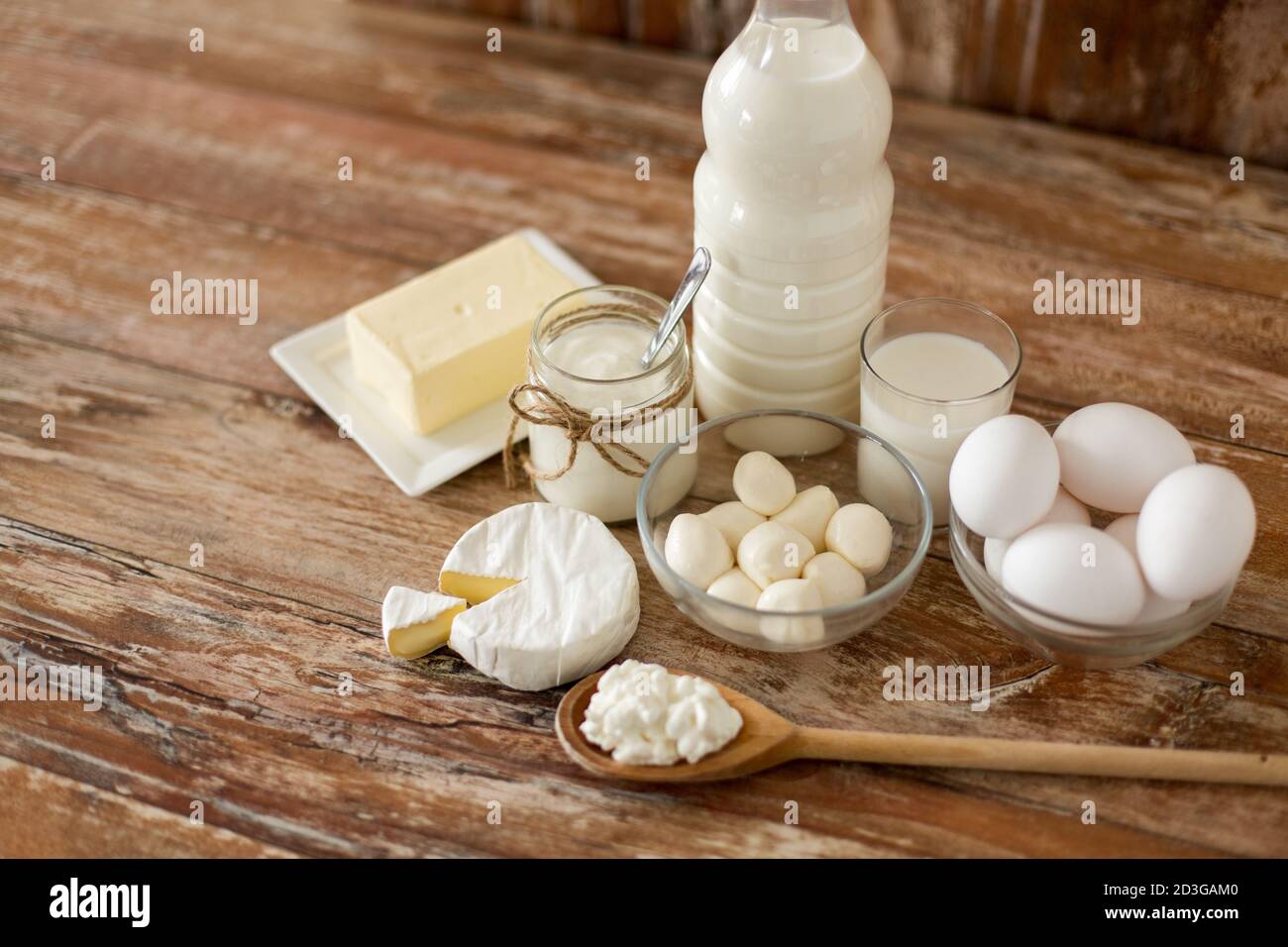 milk, yogurt, eggs, cottage cheese and butter Stock Photo