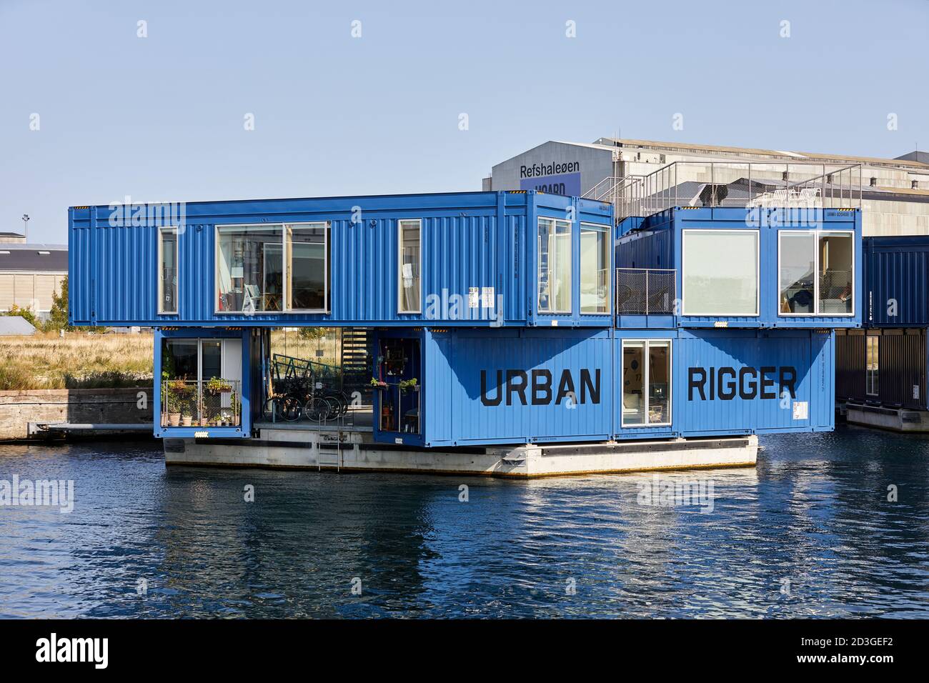 Urban Rigger, student housing on floating constructions, designed by BIG/Bjarke Ingels Group (2016-18); Refshaleøen, Copenhagen, Denmark Stock Photo