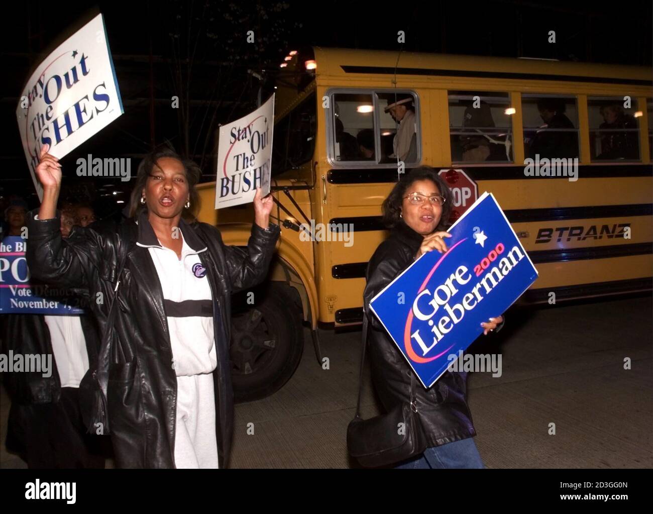 Members of the Wesley Center Church, a primarily black church, in Pittsburgh unload from school buses after Vice President Al Gore invited them to attend a rally on the predominantly white side of town at the International Brotherhood of Electrical Workers Local #5 November 4, 2000. With less than three days remaining in the campaign, Gore is seeking a strong turn out from the black community in his bid for the presidency against Republican presidential candidate Texas Governor George W. Bush.  WM Stock Photo