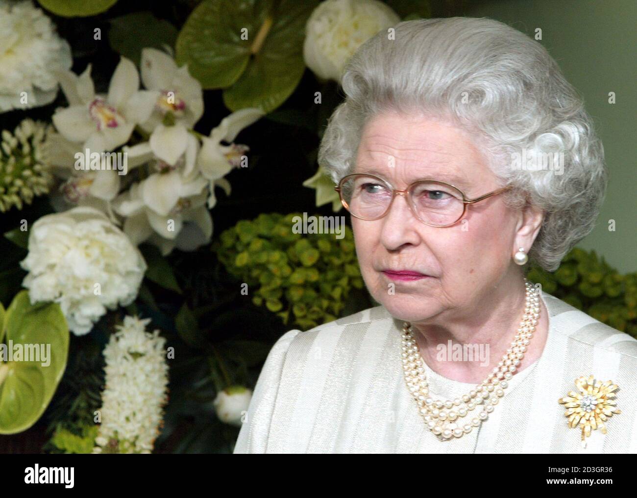 Britain's Queen Elizabeth II examines exhibits during her visit to the Royal Horticultural Society's Chelsea Flower Show in London May 19, 2003.  Thousands of visitors are expected to attend the 81st annual show, organised by the Royal Horticultural Society and held at the Royal Hospital in Chelsea, west London. Stock Photo