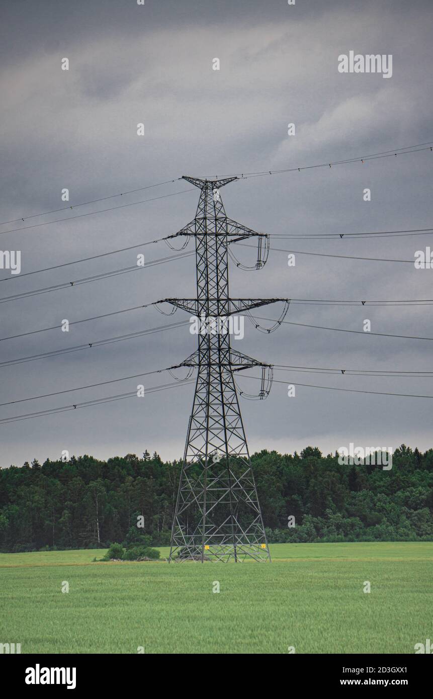 Power transmission tower in the field late in the summer evening. Stock Photo