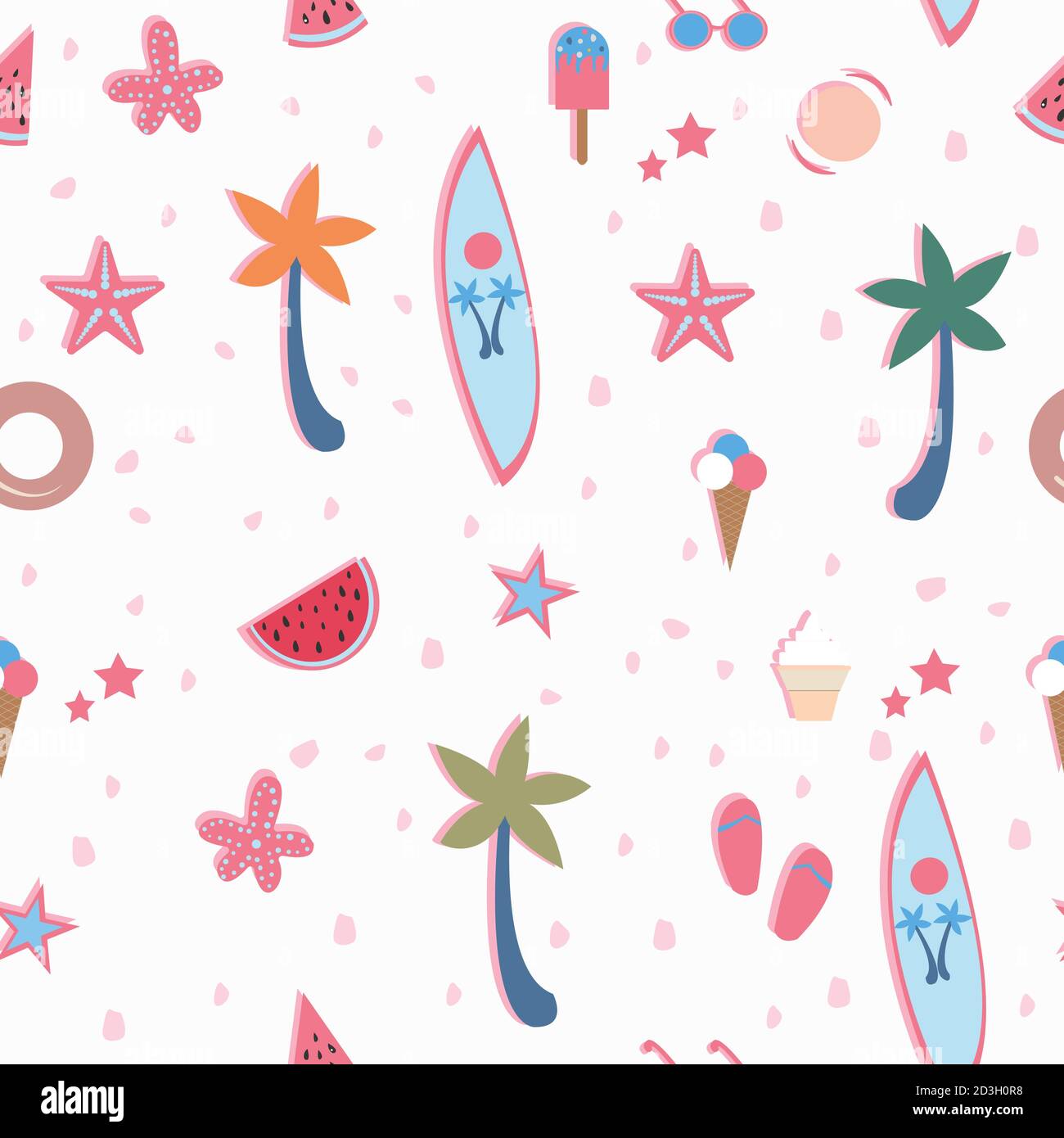 Summer Seamless Pattern. Stylized Summer Elements with shadows. Vector Illustration Stock Vector