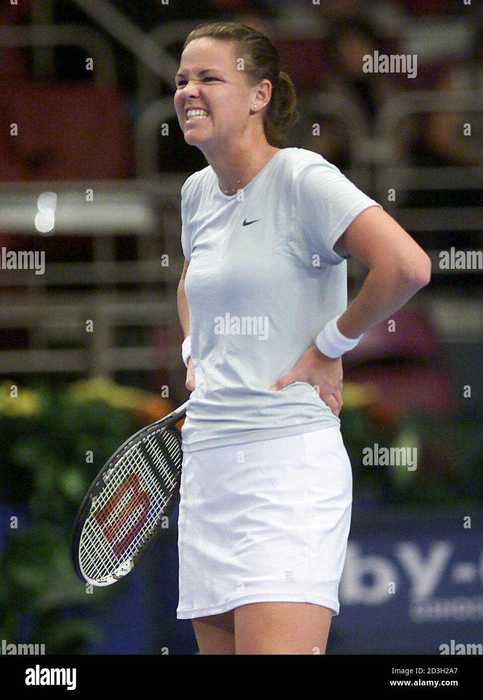 Lindsay Davenport of the United States reacts to a lost point during the second set of her first round match against Elena from Russia at the Championships the WTA