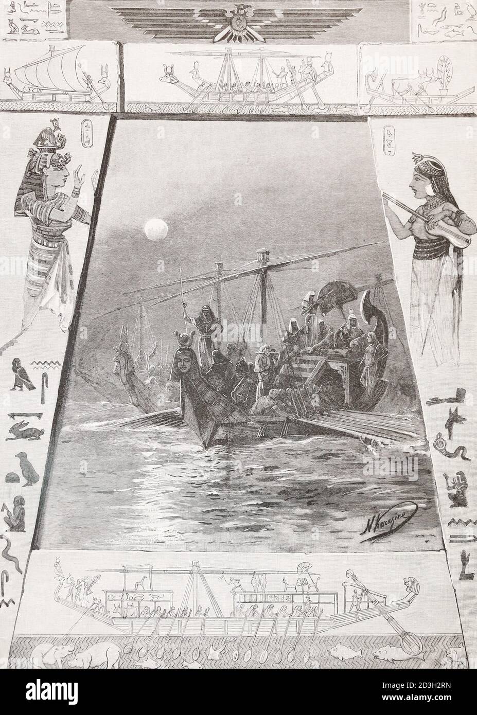 Ancient Egyptian flotilla. 19th century engraving. Stock Photo