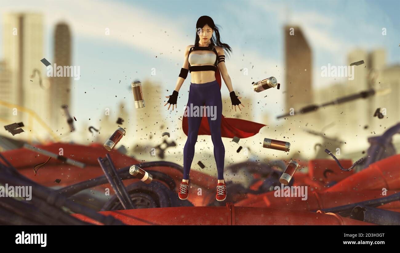 Cyberpunk Superhero floating with Telekinetic Powers Rising Above Red Dusty Wreckage with a Cyberpunk City Background 3d illustration Stock Photo
