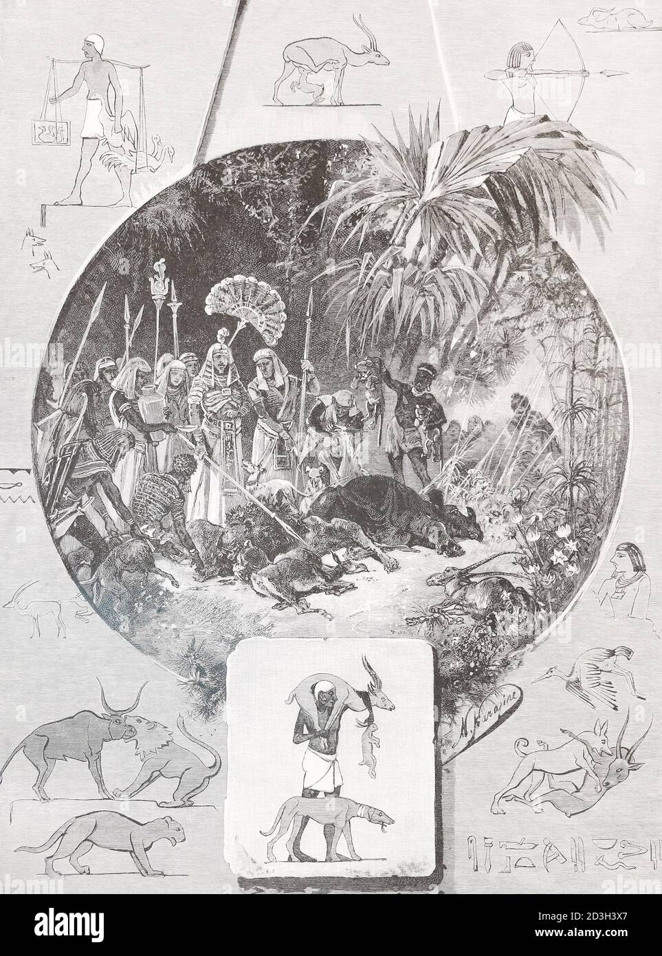 Egyptian pharaohs hunting in Nubia. 19th century engraving. Stock Photo