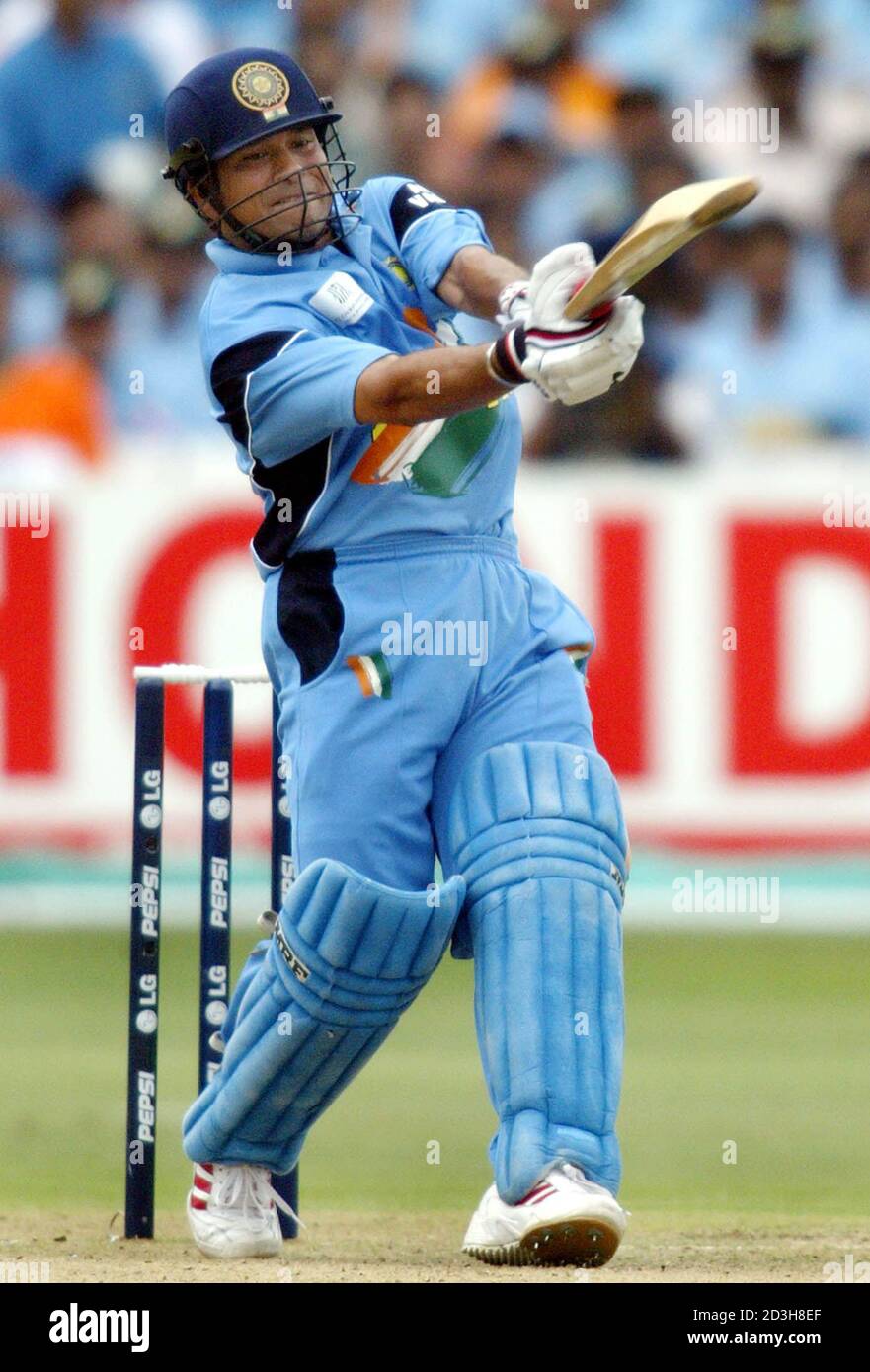India's Sachin Tendulkar hits a shot during their semi-final match of the cricket World Cup between India and Kenya in Durban March 20, 2003. The winner of the match will take on India's Sachin Tendulkar hits a shot during their semi-final match of the cricket World Cup between India and Kenya in Durban March 20, 2003. The winner of the match will take on