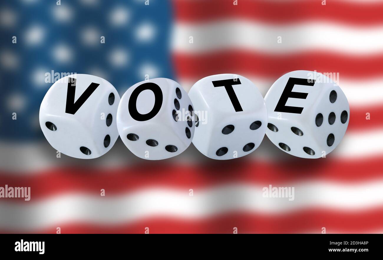 Spell Vote White dices spelling the word VOTE with American flag waving in the ...
