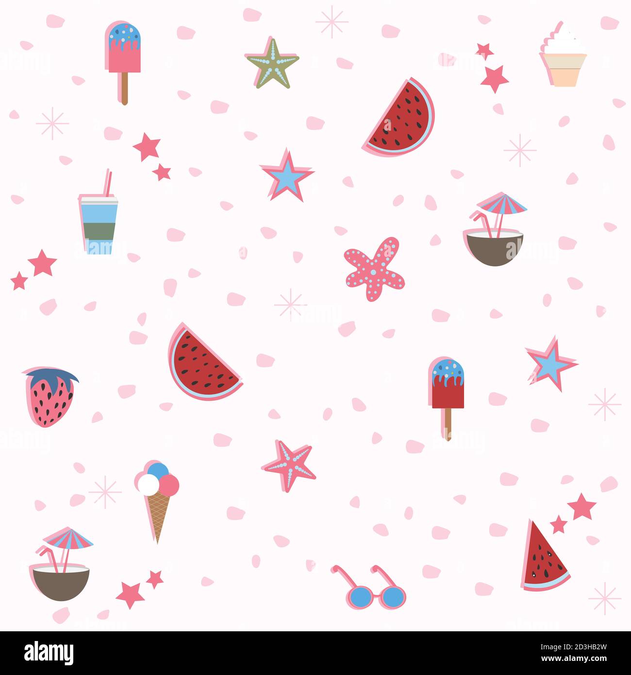 Summer Seamless Pattern. Stylized Summer Elements with shadows. Vector Illustration Stock Vector