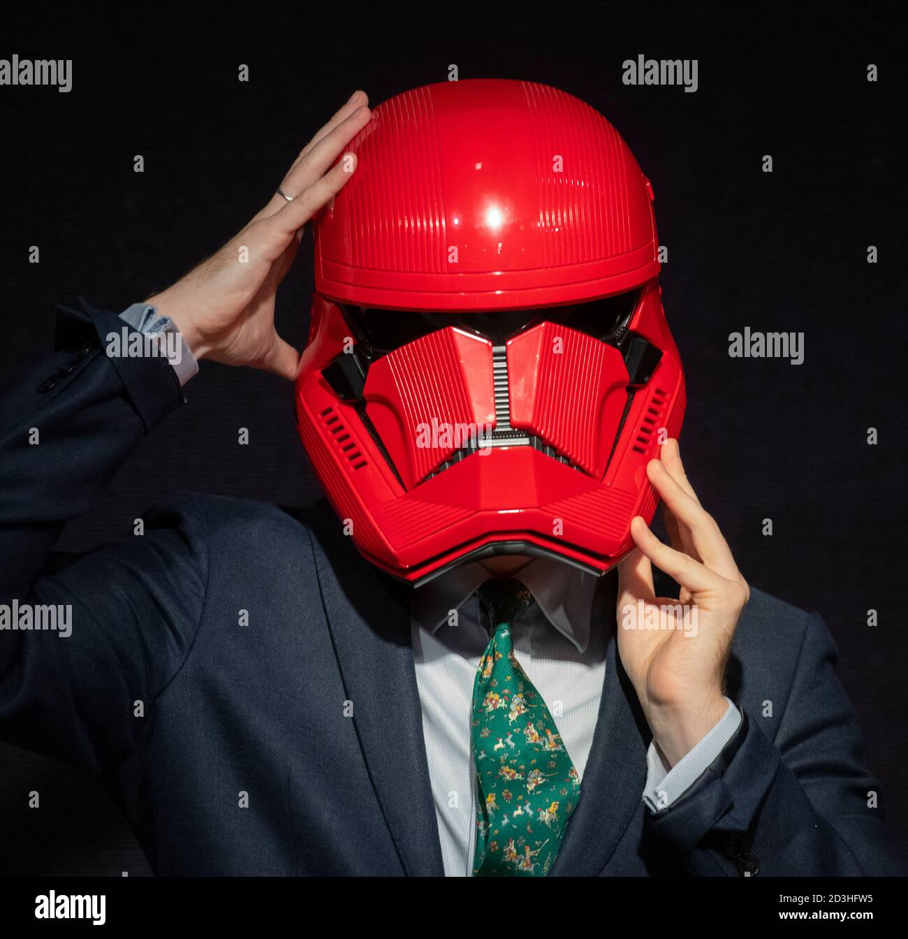 Bonhams, Knightsbridge, London, UK. 8 October 2020. Bonhams’ Entertainment Memorabilia sale includes a rare, screen-used Sith Trooper Helmet from Star Wars: The Rise Of Skywalker (2019), kindly donated to BAFTA’s year-round charitable activity by Lucasfilm. The helmet was created by BAFTA award-winning costume designer Michael Kaplan in a striking red colour, distinguishing the new stormtroopers from the classic, white-armoured forces beloved by previous generations. It has an estimate of £20,000-30,000. Credit: Malcolm Park/Alamy Stock Photo