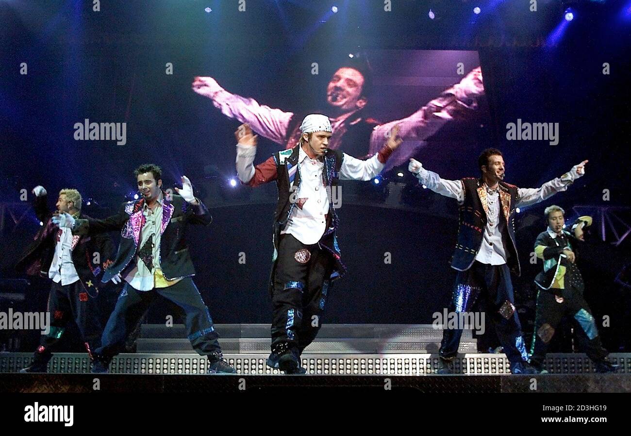 N Sync, from left, Joey Fatone, Chris Kirkpatrick, Justin Timberlake, JC  Chasez, and Lance Bass, perform during the first of two sold-out concerts  at the MGM Grand Garden Arena in Las Vegas,