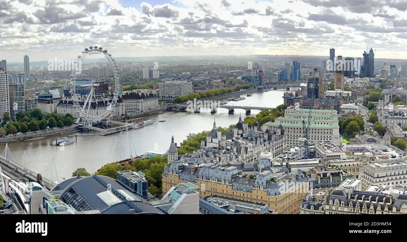 Panoramic Image of London and the Eye, looking South from Trafalgar Square during 2020 pandemic Stock Photo
