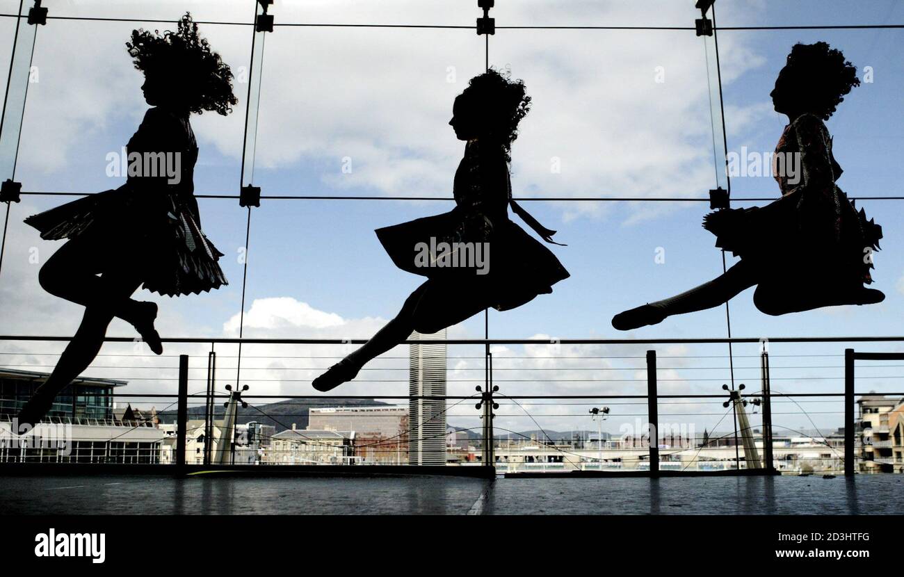 Dancers from England, the U.S. and Canada perform during a break at the under-16 group dancing section of the World Irish Dancing Championships in Belfast, April 7, 2004. REUTERS/Paul McErlane  PM/ASA/JB Stock Photo