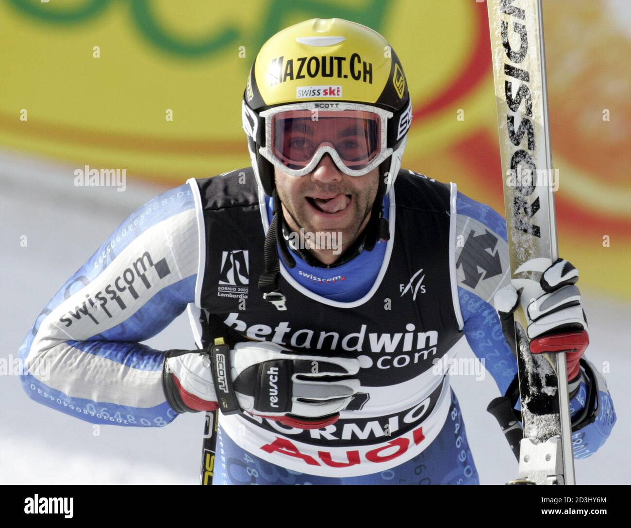 Didier Defago of Switzerland reacts to his seventh place in the men's  Super-G at the Alpine Ski World Championships in the northern Italian  resort of Bormio January 29, 2005. Bode Miller of