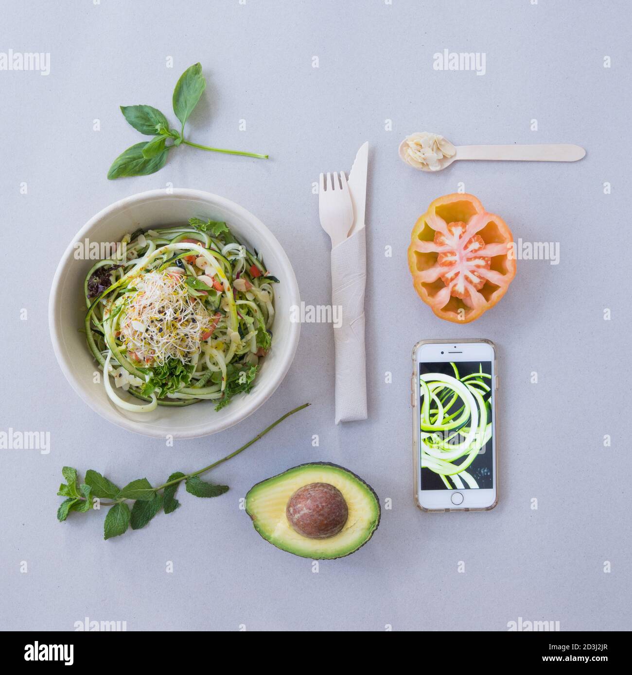 salad creative concept, flat lay overhead, minimalist food photography composition above view, food photography still life. Stock Photo