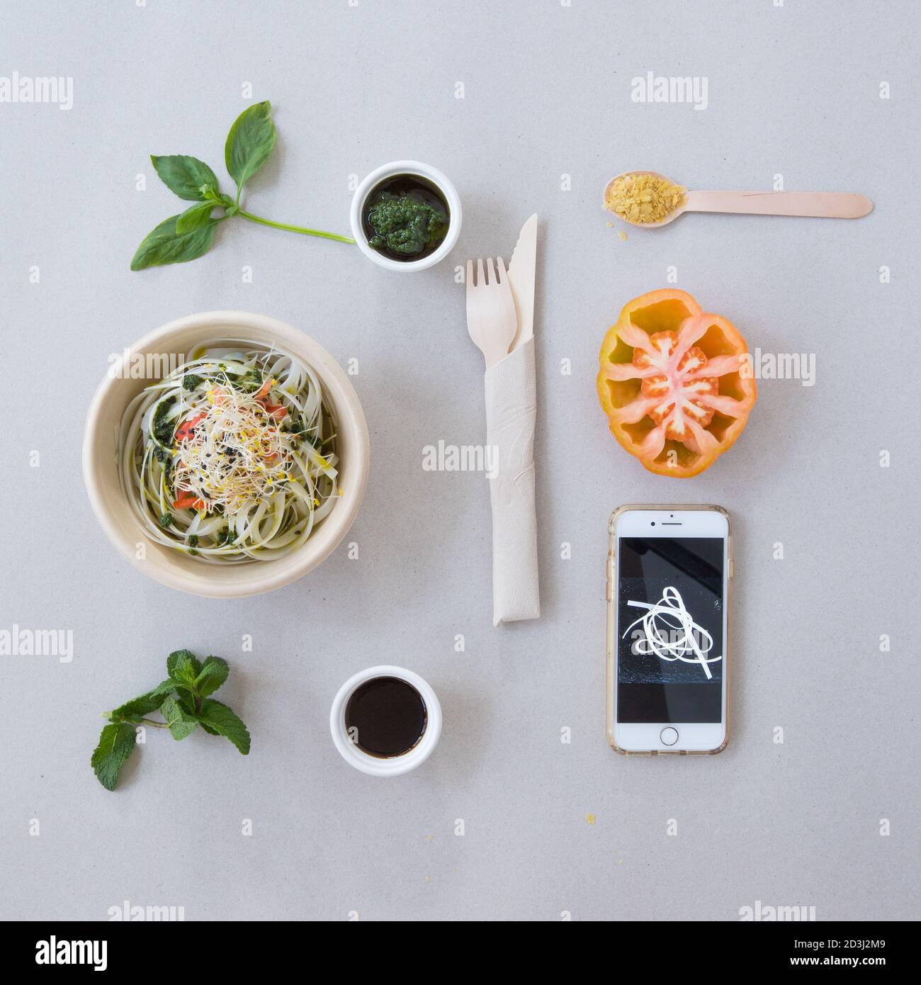 salad creative concept, flat lay overhead, minimalist food photography composition above view, food photography still life. Stock Photo
