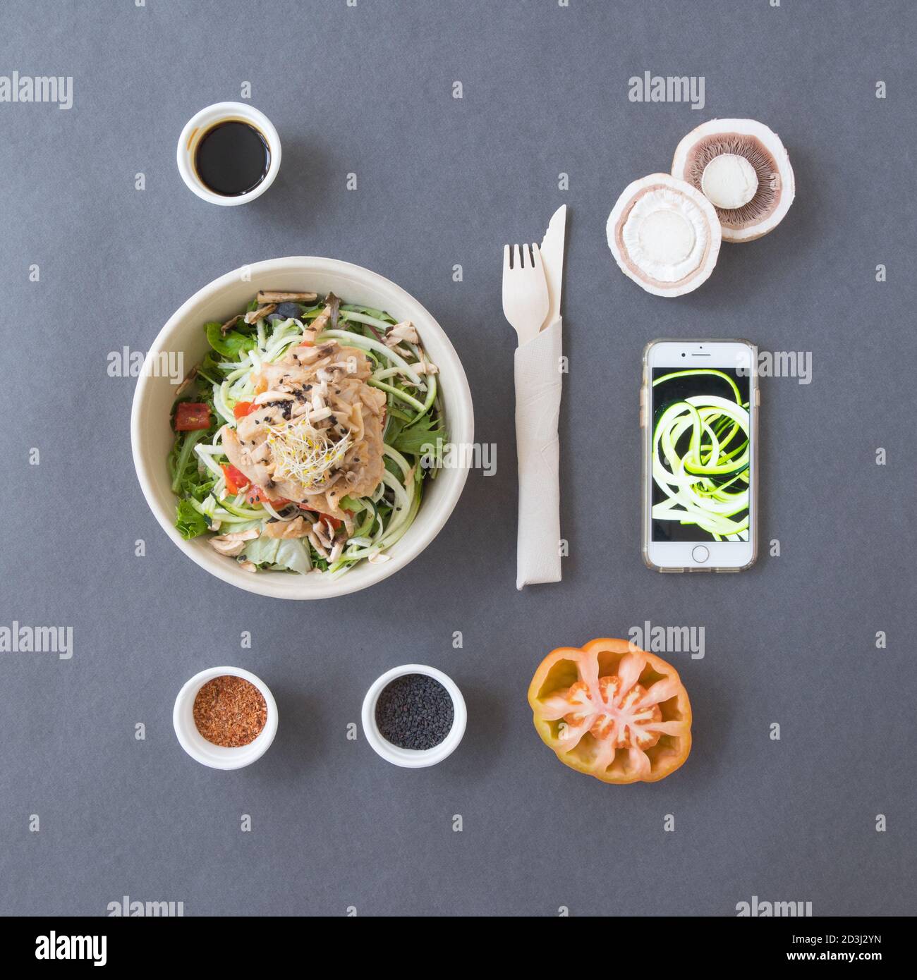 salad creative concept, flat lay overhead, minimalist food photography