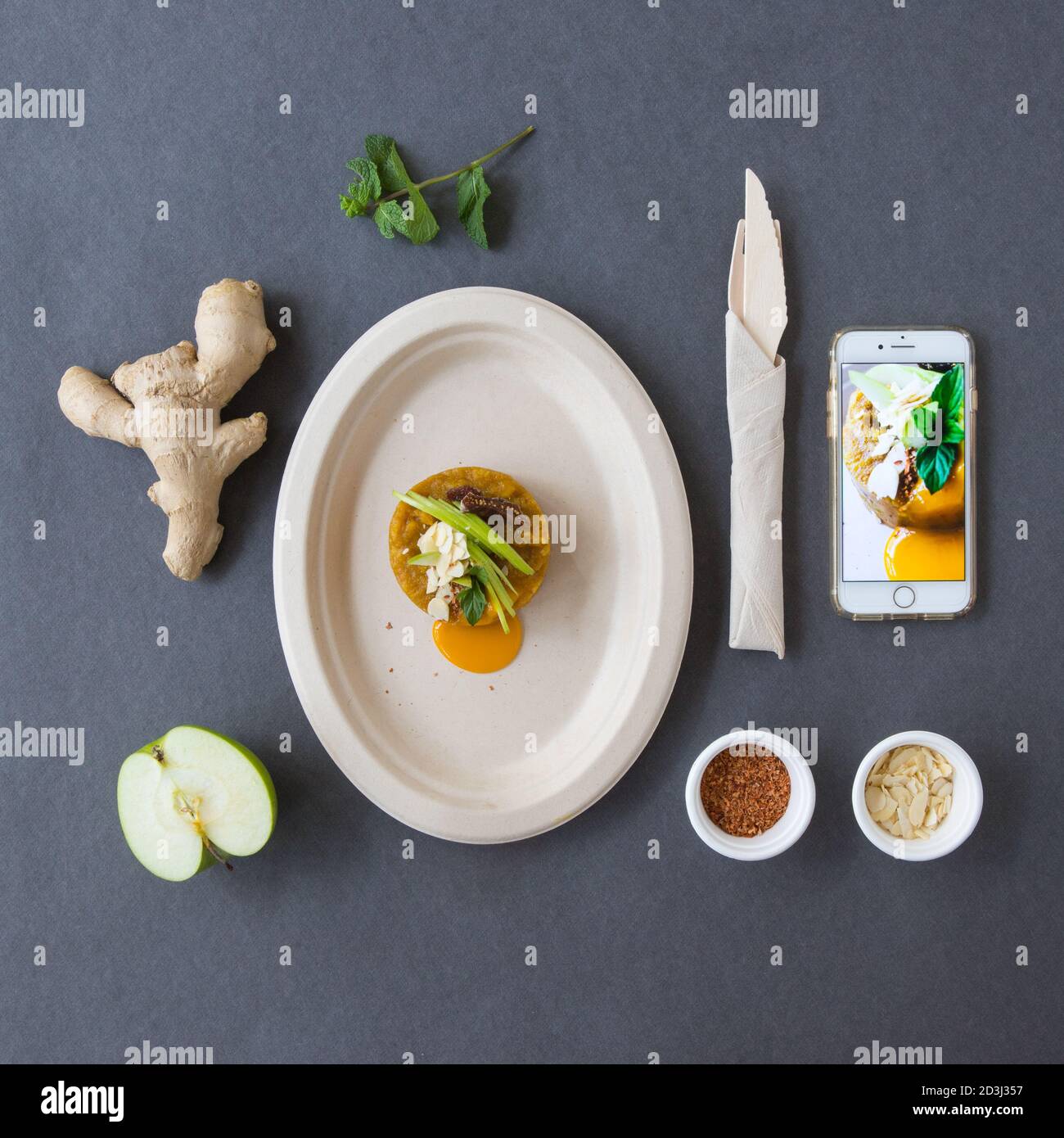 dessert creative concept, flat lay overhead, minimalist food photography composition above view, still life. Stock Photo