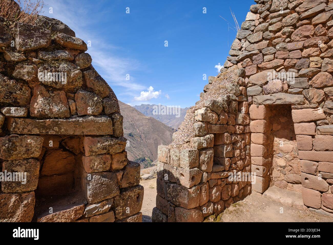 The armoury at Pisac Pisaq Incan site showing recesses for storage of weapons like spears Stock Photo