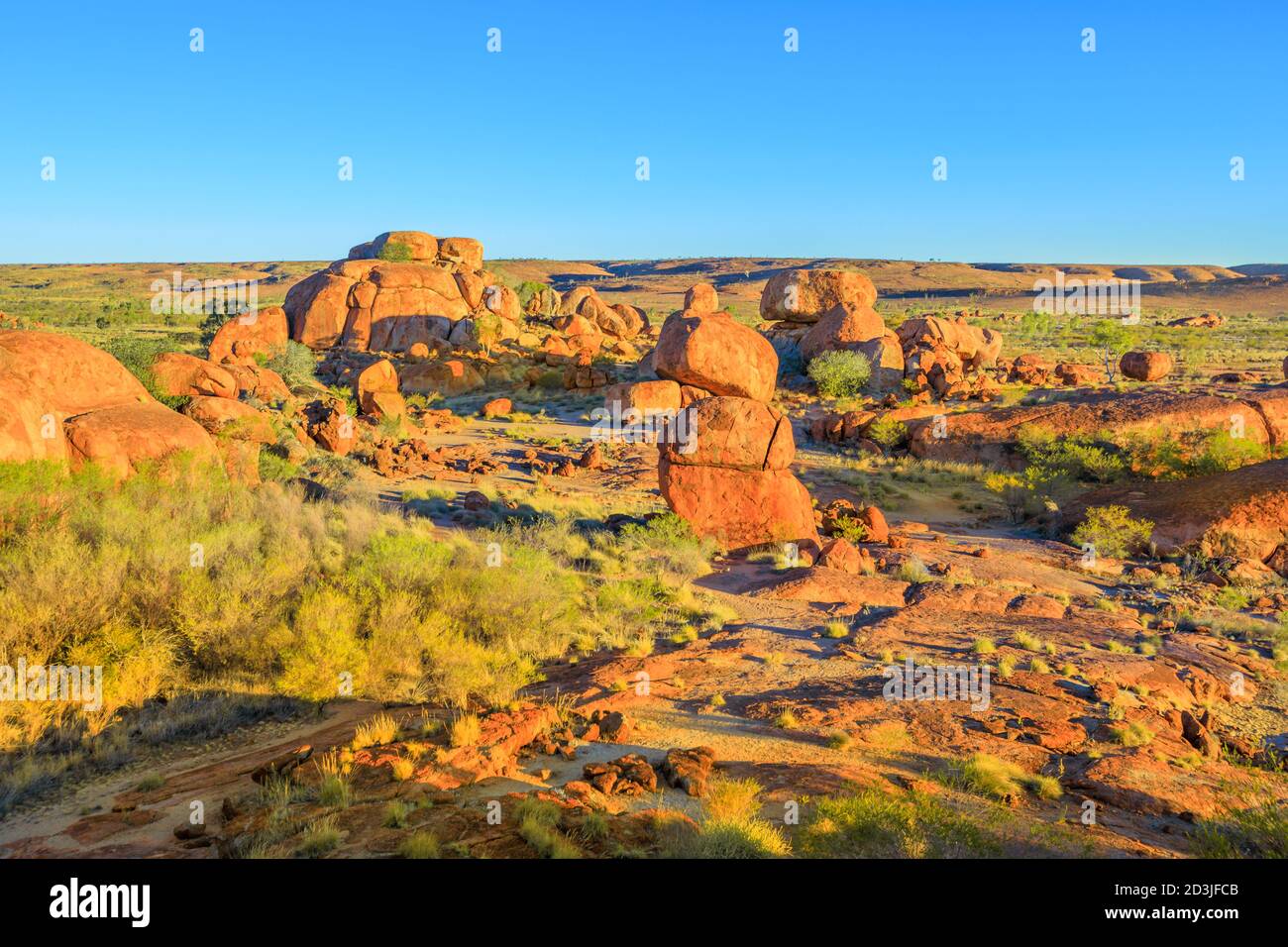 Panoramic aerial view of giant granite boulders at Karlu Karlu or Devils Marbles in Northern Territory, Australia near Tennant Creek Stock Photo