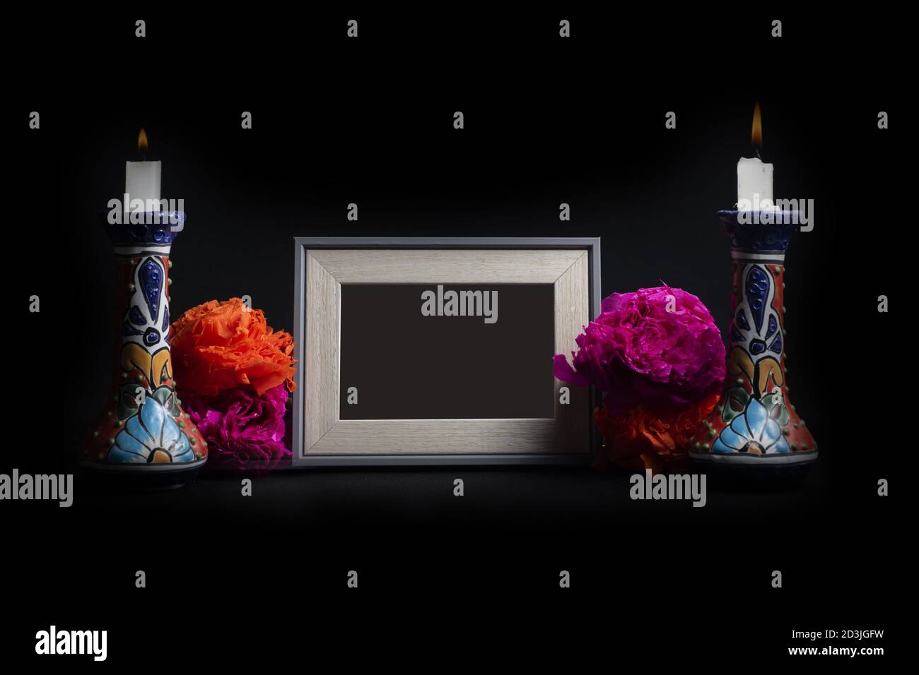 Photo frame with death decorations isolated on a black background Stock  Photo - Alamy