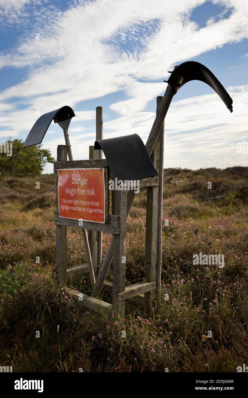 Rubber fire beaters stationed on Winterton Dunes, a site of Scientific Special Interest (SSSI), in Norfolk. Stock Photo