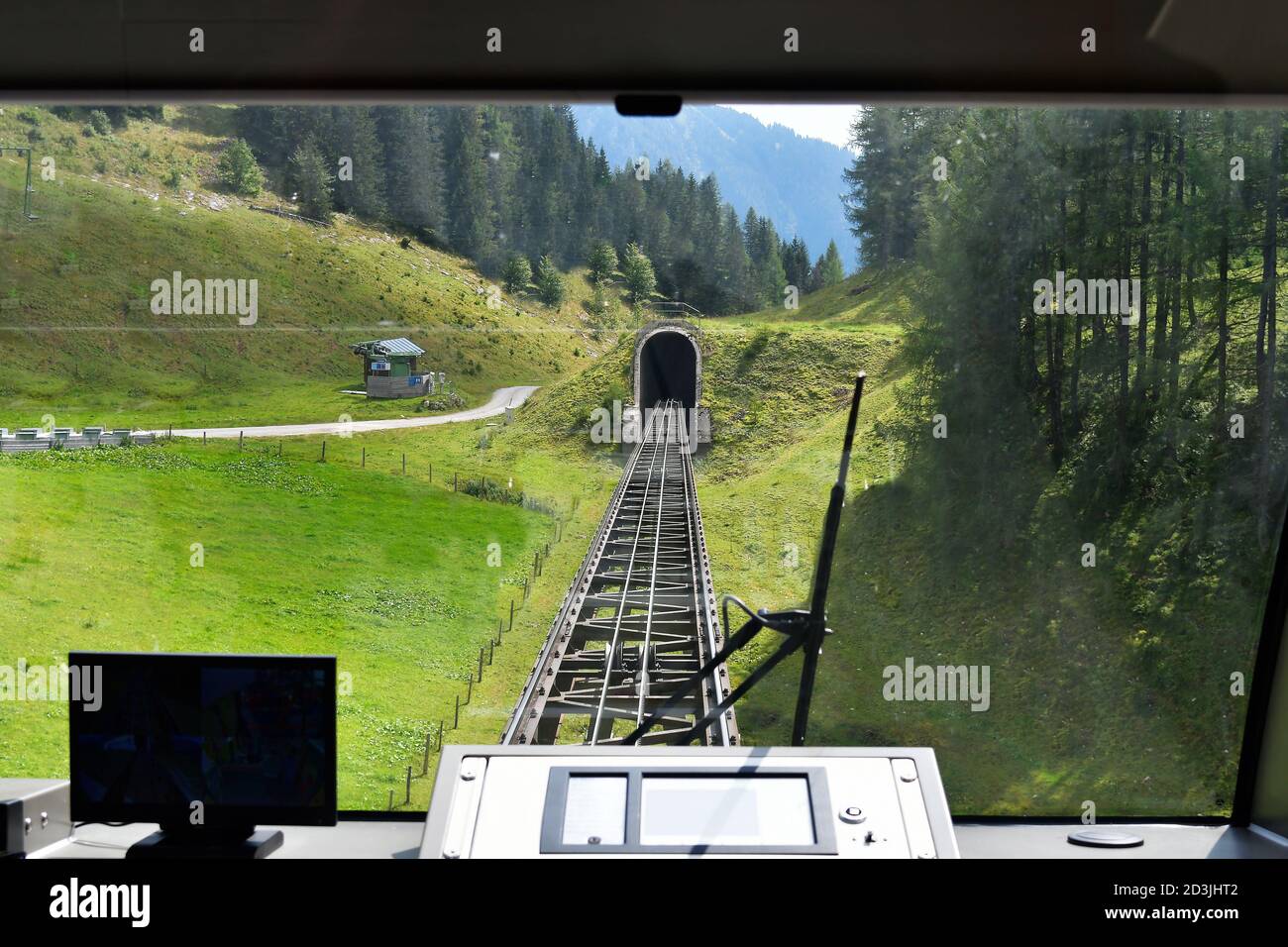 Austria, rails and tunnel of the funicular to Wurzeralm in the Pyhrn-Priel holiday region, located in the Kalkalpen National Park in Upper Austria Stock Photo