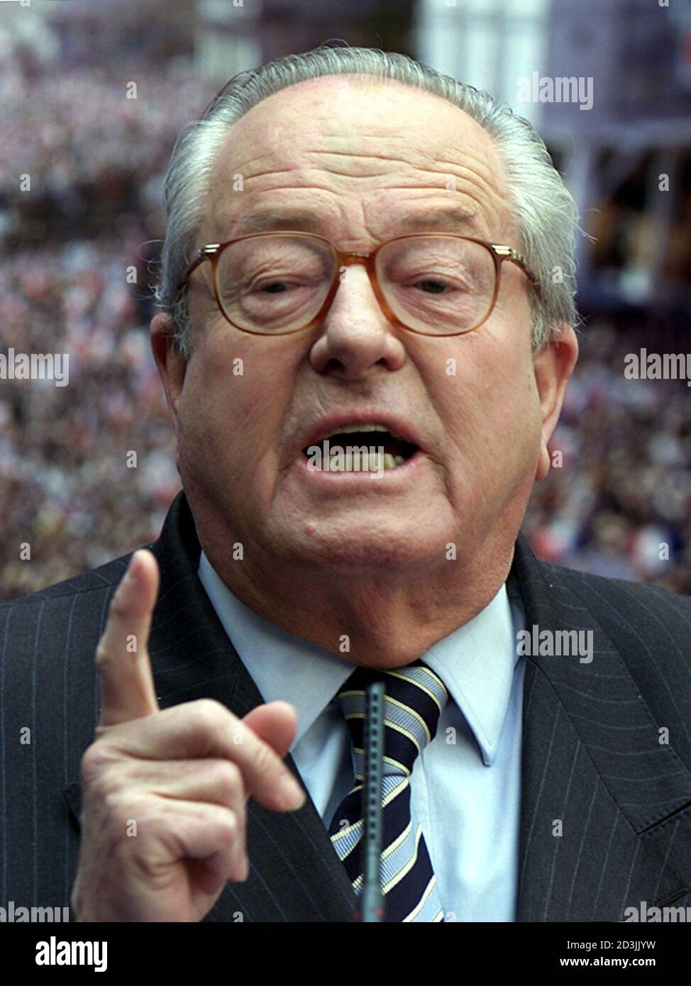 French extreme-right National Front presidential candidate Jean-Marie Le Pen  makes a point during a press conference at the party's headquarters in  Saint-Cloud near Paris, May 3, 2002.[Conservative incumbent Jacques Chirac  faces Jean-Marie