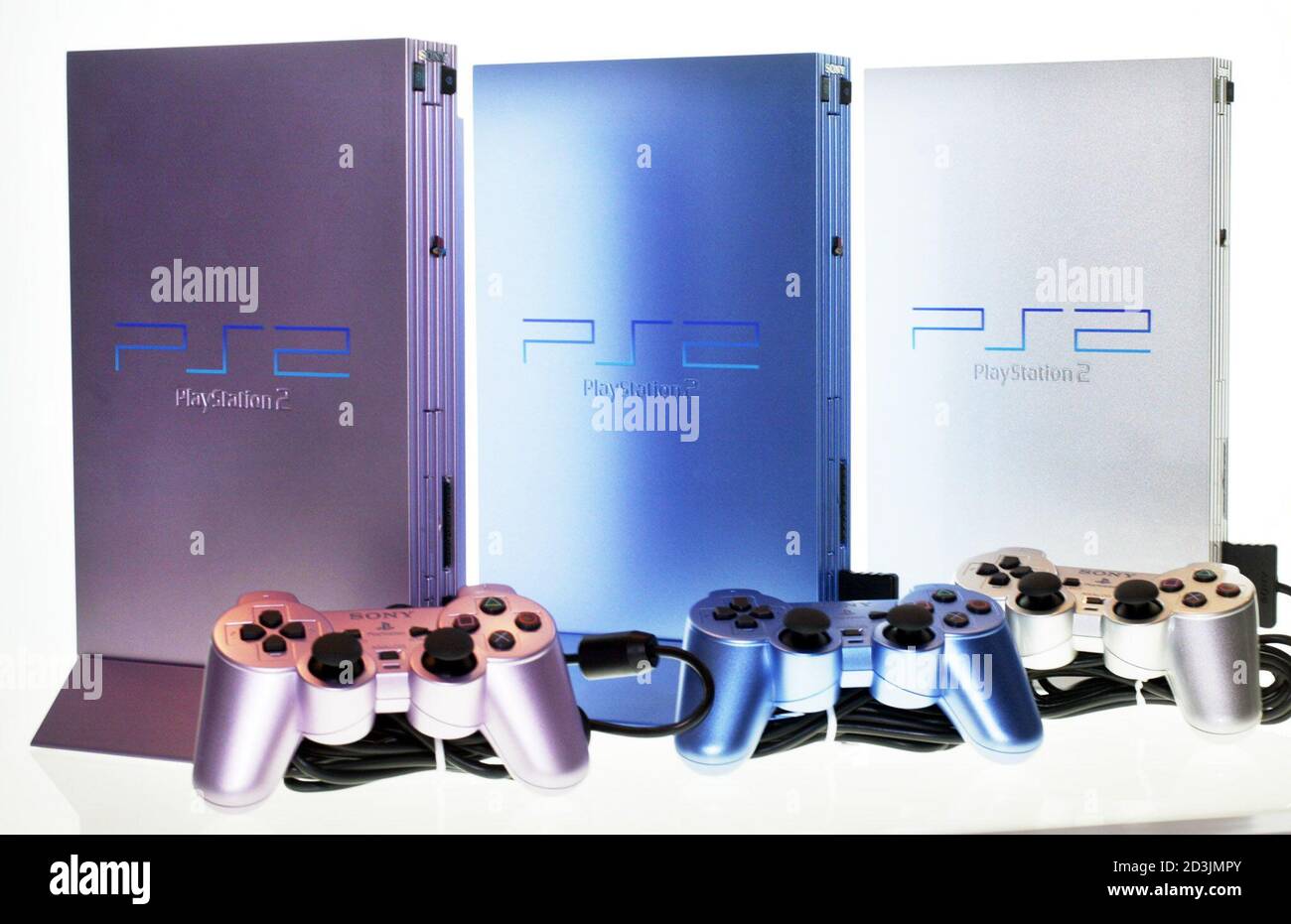 Sony Computer Entertainment displays new colour models of PlayStation 2 at  a Sony showroom in Tokyo February 7, 2003. PlayStation 2 will come in three  differrent colours - silver, sakura (pink) and