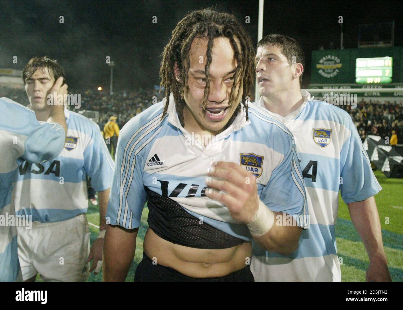 All Black captain Tana Umaga wears a Argentine team shirt after winning the  rugby union international between the New Zealand All Blacks and  Argentina's Pumas at Waikato Stadium in Hamilton, New Zealand,