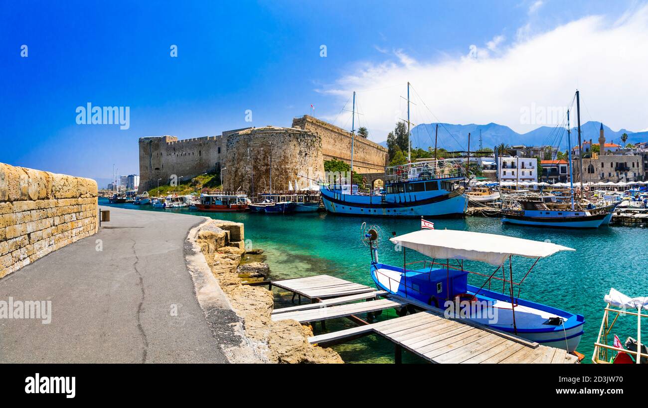Cyprus landmarks - old town of Kyrenia (Girne) turkish part of island. Marine with castle. Stock Photo