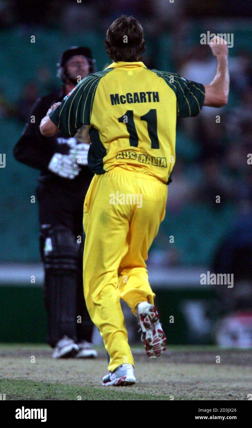 Australia's Glenn McGrath celebrates the wicket of New Zealand's Chris  Harris to win the second one-day international in Sydney. Australia's Glenn  McGrath (R) celebrates the wicket of New Zealand's Chris Harris (L)