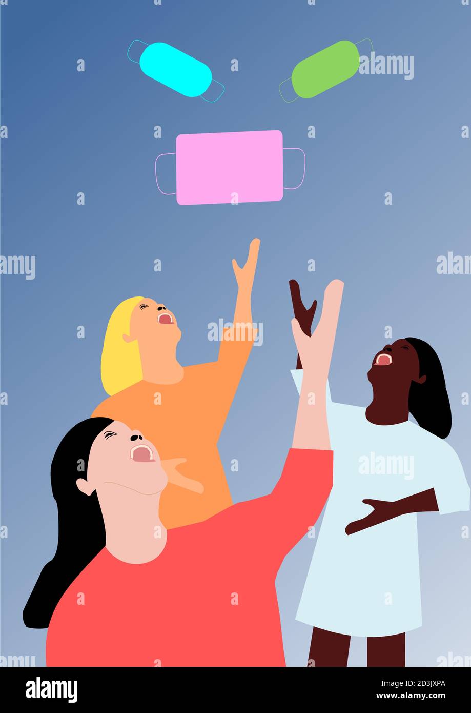 Women celebrating the end of Covid-19. Stock Vector