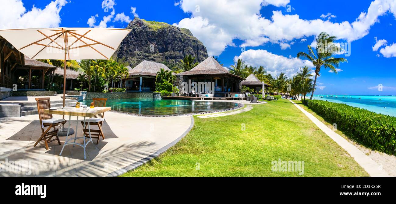 Luxury resort Lux Le Morne, Mauritius island. Lounge bar near swimming pool. november 2016 Stock Photo