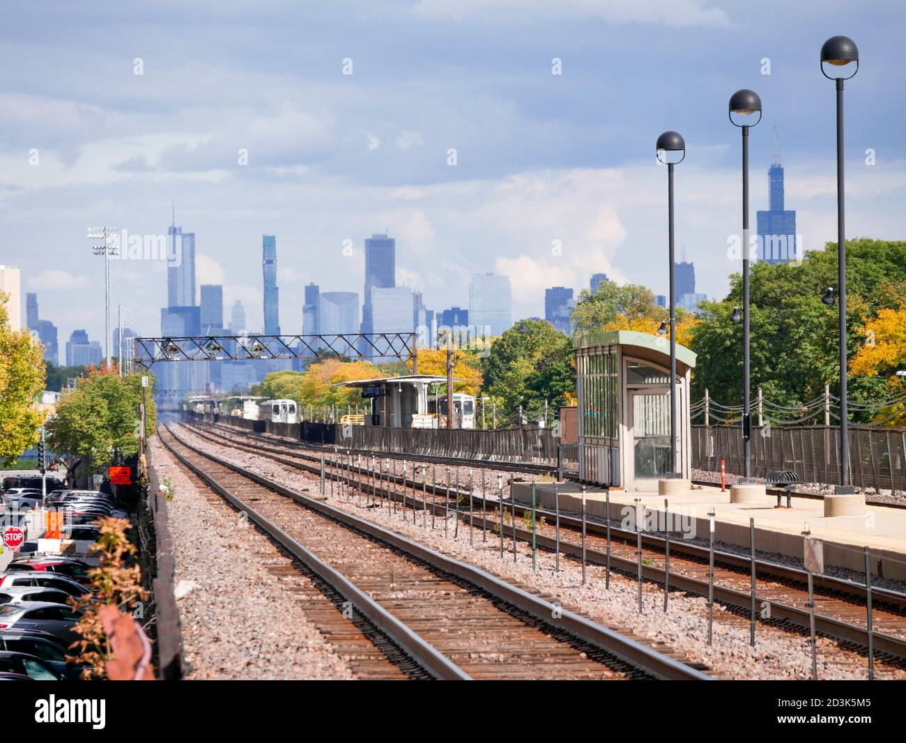 View of downtown Chicago from Metra commuter rail station, Oak Park, Illinois. Buildings distorted by heat haze. Stock Photo