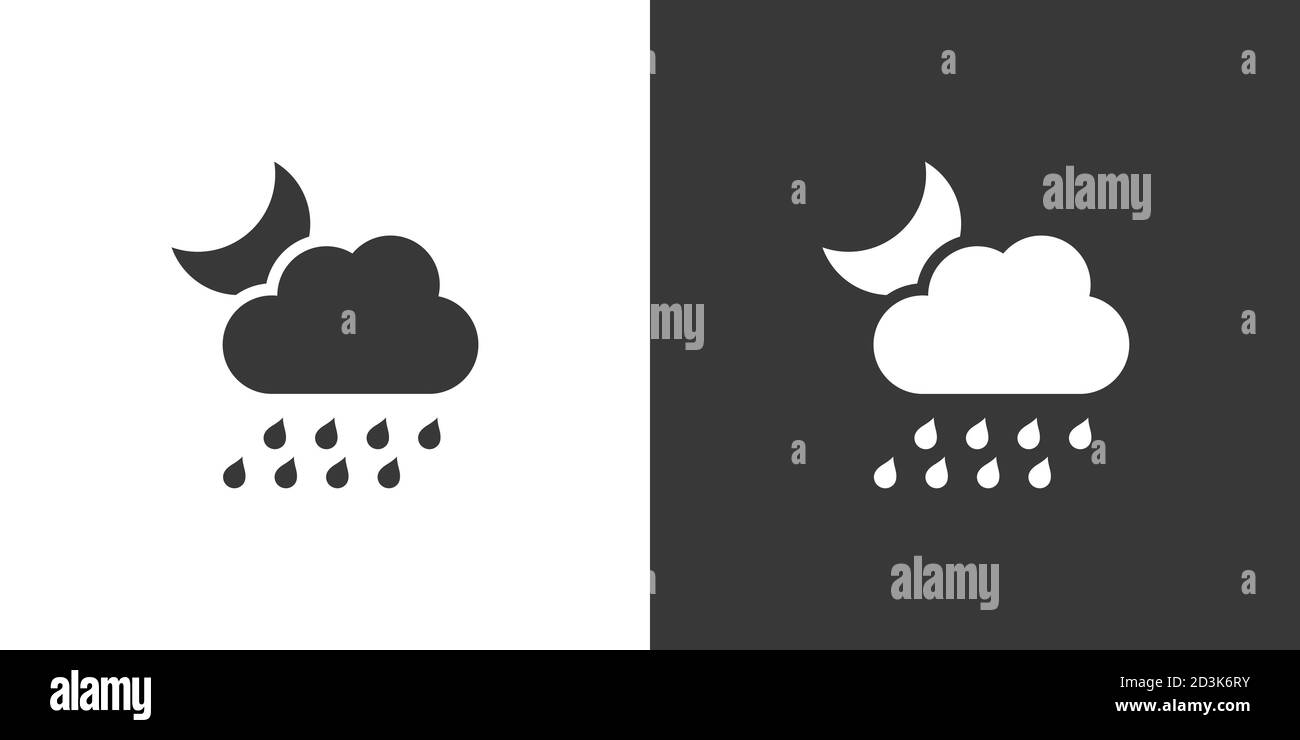 Heavy rain, cloud and moon. Isolated icon on black and white background ...