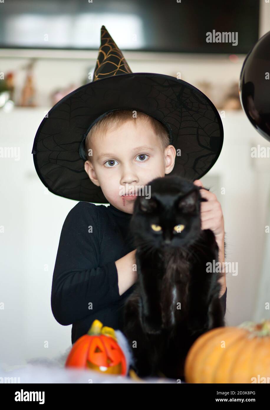 funny kid boy in witch costume for Halloween with black cat in a hands. Stock Photo