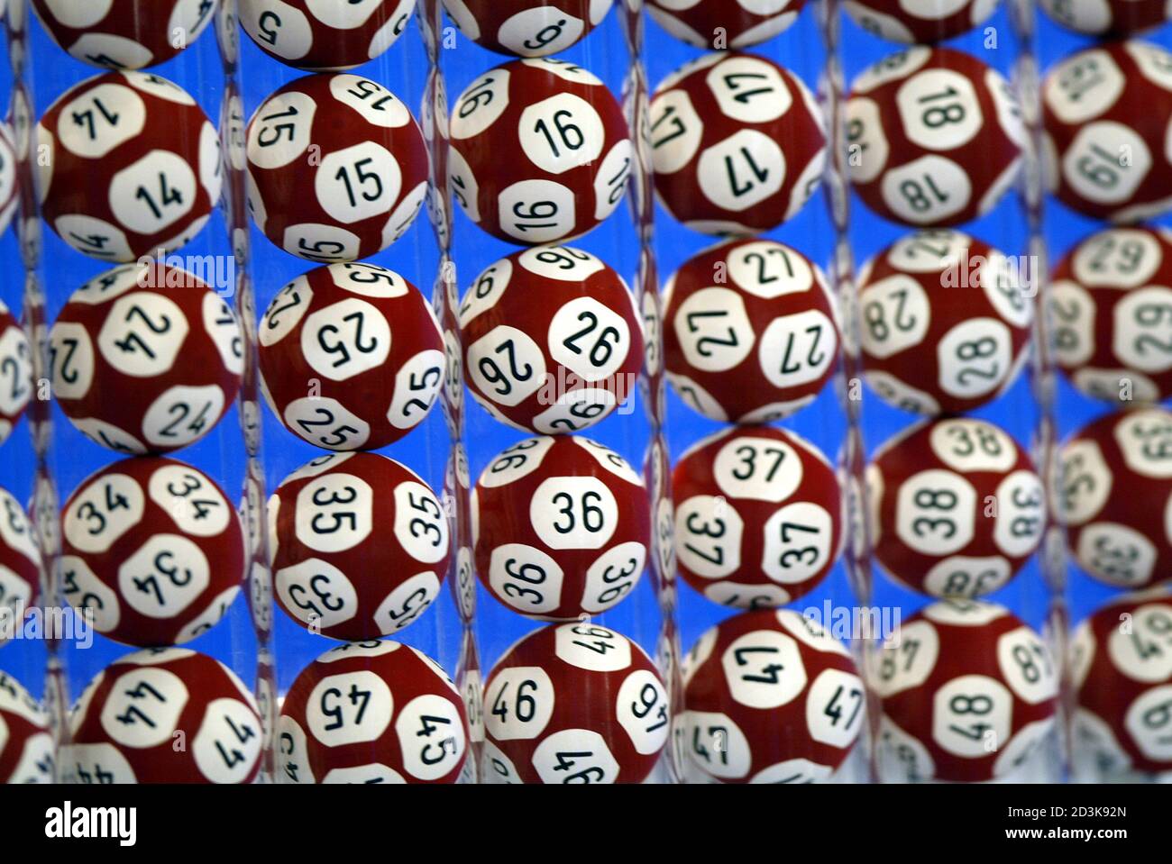 Balls are seen during a rehearsal for the new Euro-million loto draw at  Boulogne-Billancourt near Paris February 13, 2004. The Euro-million loto  will be played simultaneously in [England, Spain] and France with