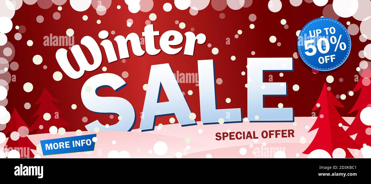 Set bright horizontal Sale banner on red background with snowflakes. Text - Winter sale, special offer. Up to 50 off. Final offer. Snow vector illustration. Stock Vector