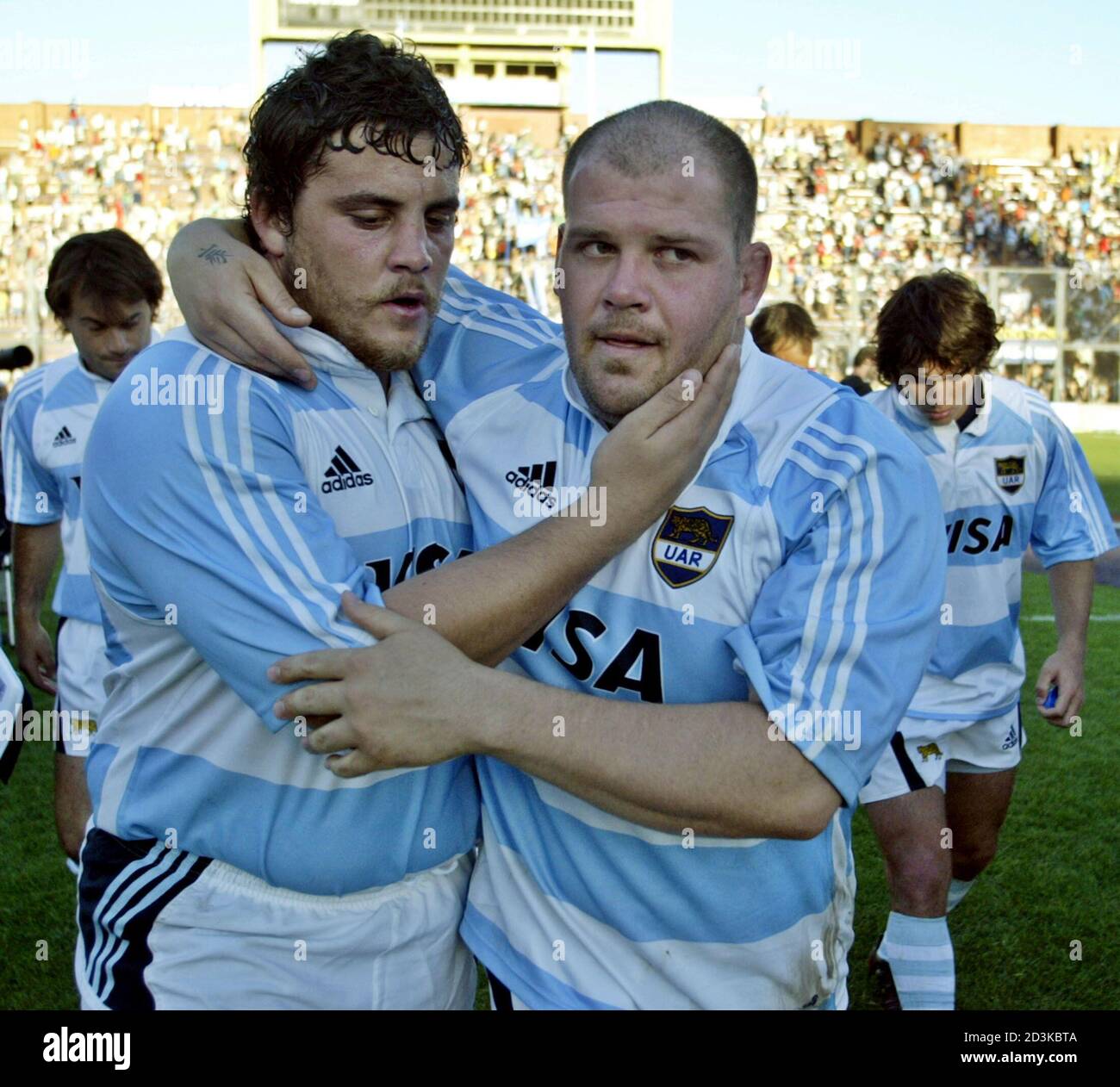 Argentines Los Pumas Rugby Players Guinazu Comforts His Teammate De Chazal After Match Against Springboks Eusebio Guinazu L Of Argentina S Los Pumas Comforts His Teammate Leopoldo De Chazal After Their Team Was