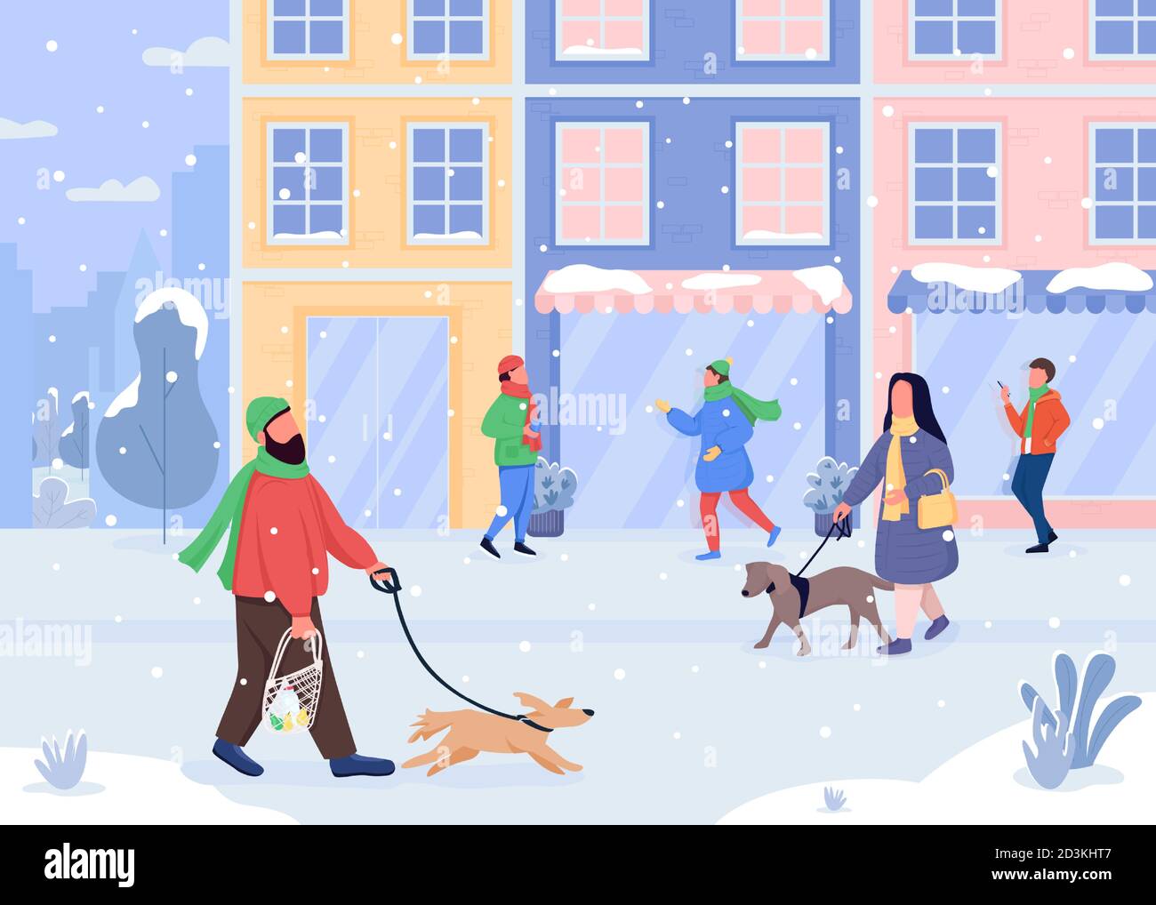 Walking dog in winter flat color vector illustration Stock Vector Image ...