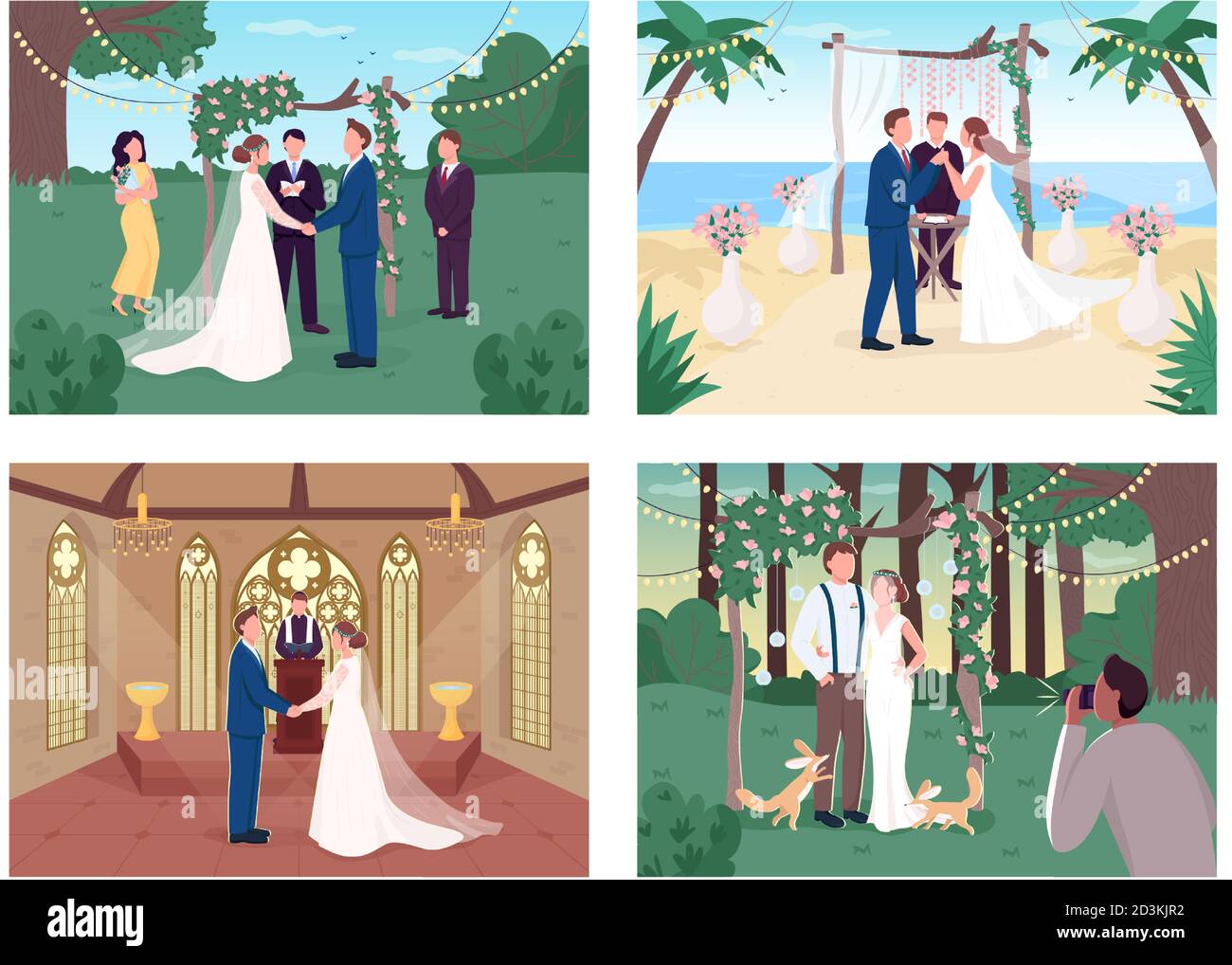 Religious and civil wedding ceremony flat color vector illustration set ...
