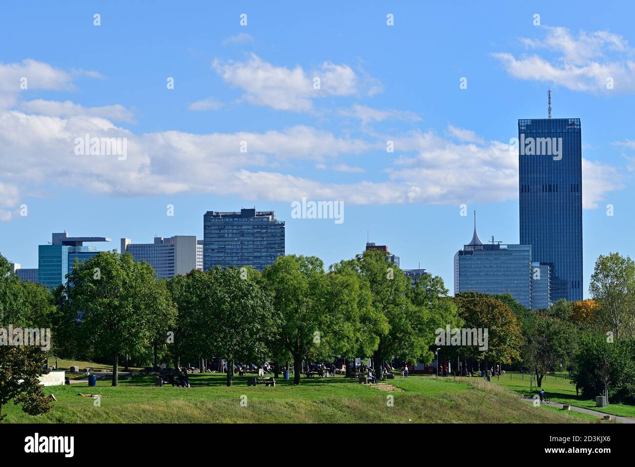 Vienna, Austria. View from the Danube Island to the UNO City and the DC Tower Stock Photo
