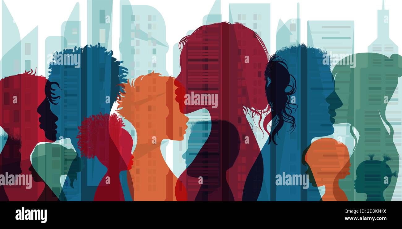 Multiethnic and multicultural population and society. Family community. Group of people diversity silhouette from the side. Crowd. Communication Stock Vector