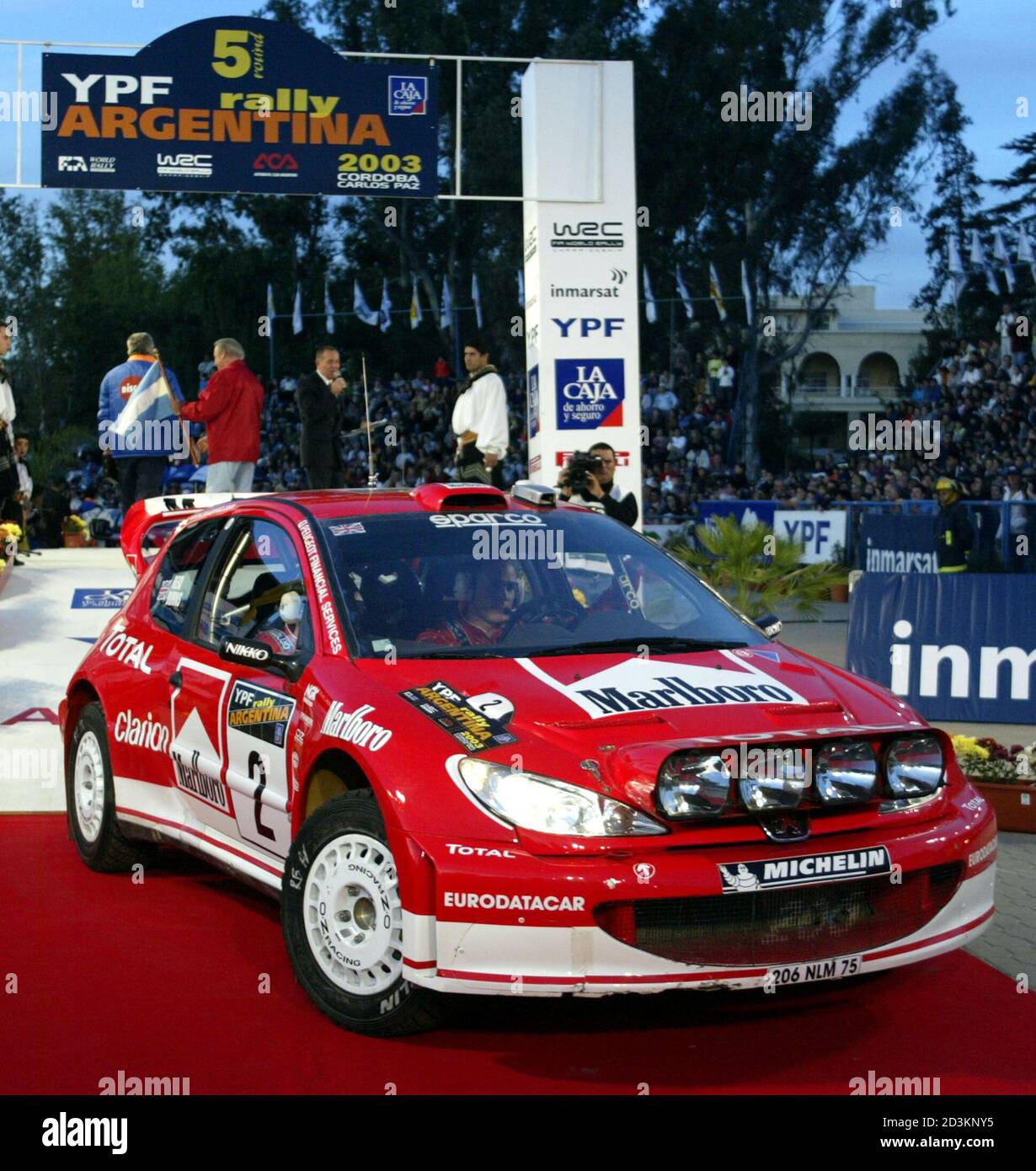 British rally driver Richard Burns drives his Peugeot 206 WRC at the start  of the XXIII Argentine Rally, in the city of Villa Carlos Paz, in the  northern Argentine province of Cordoba,