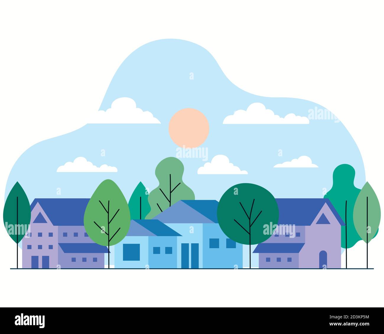 city houses with trees sun and clouds vector design Stock Vector Image ...