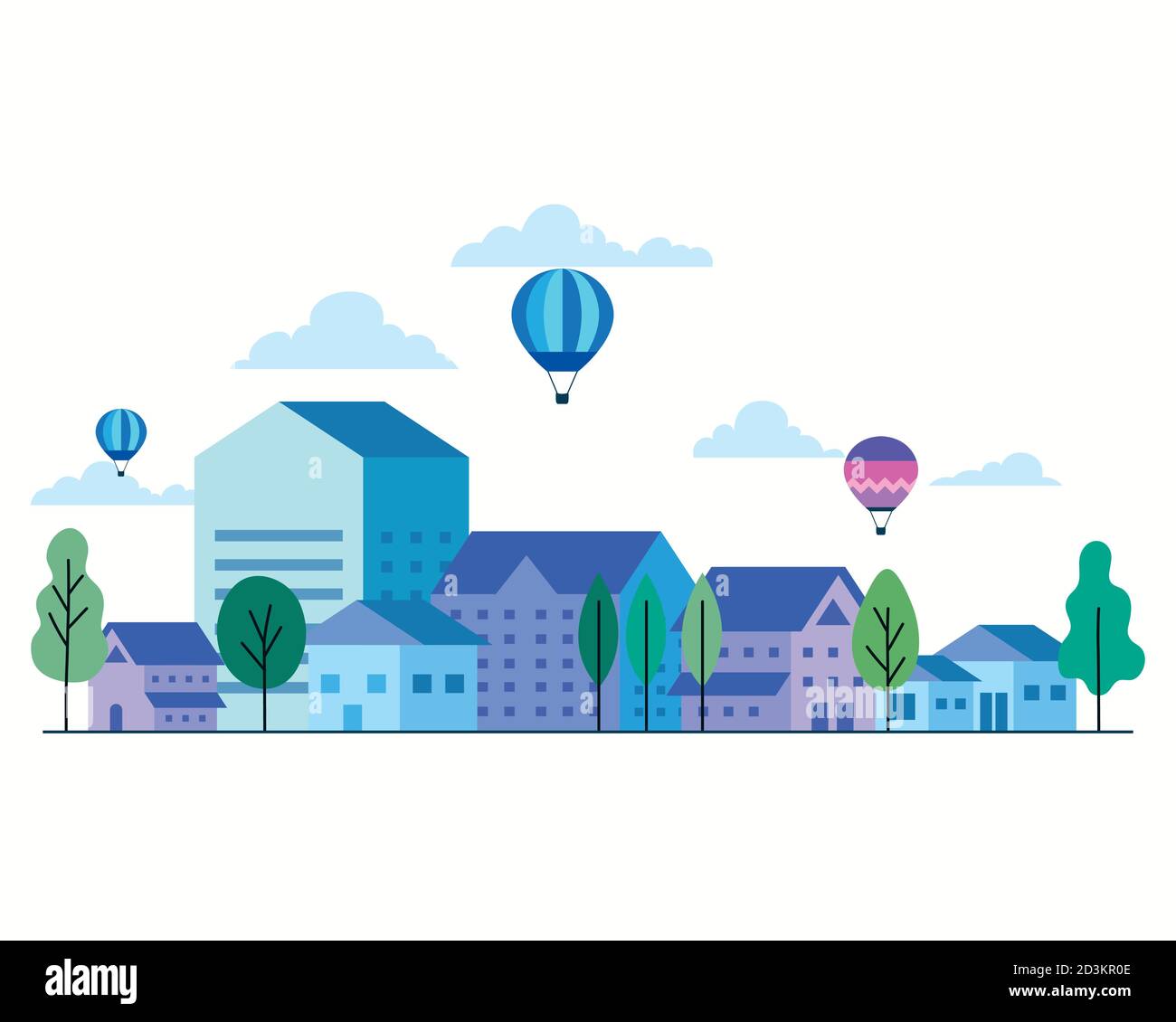City houses with hot air balloons trees and clouds vector design Stock ...