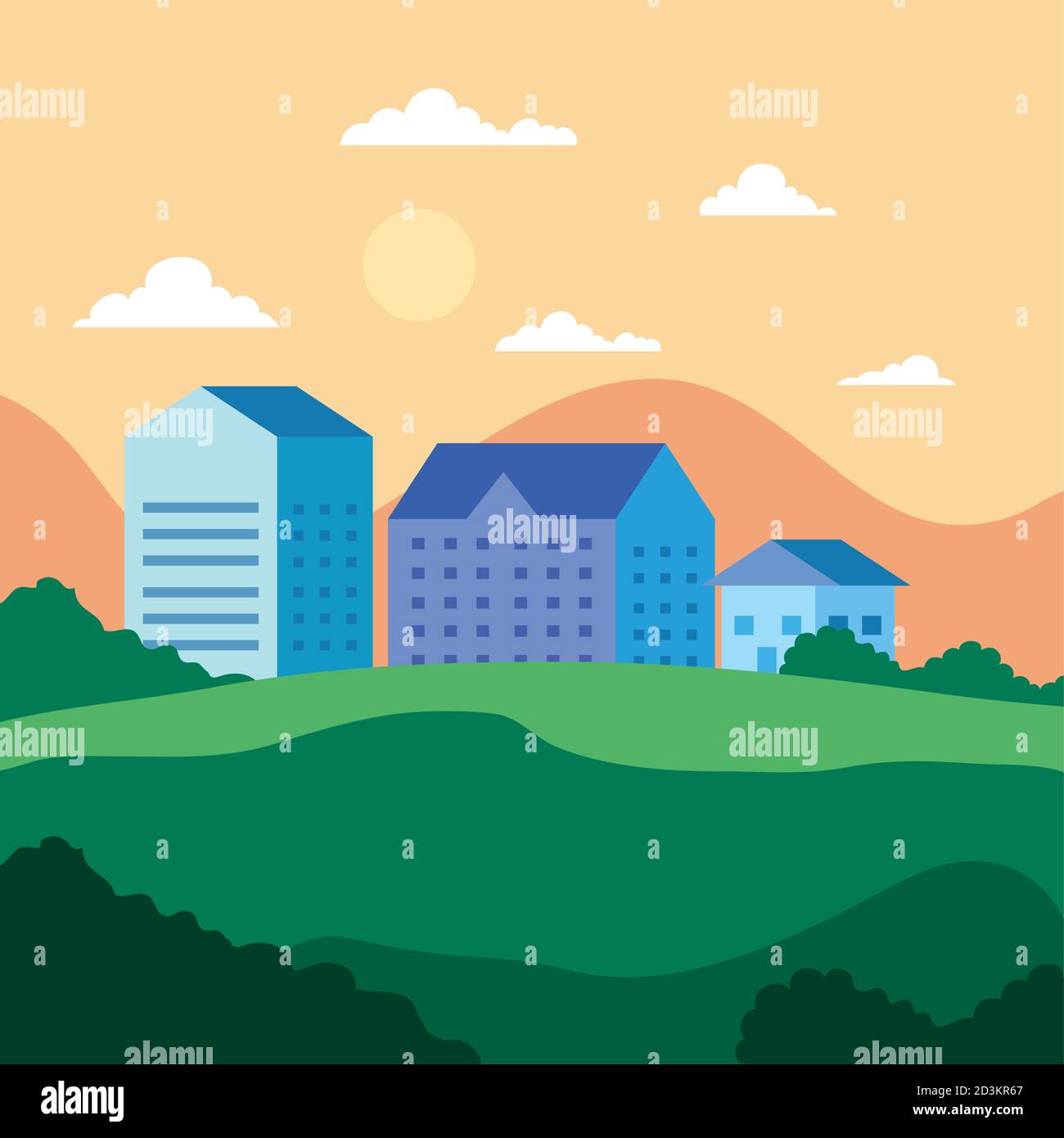 City landscape with houses shrubs clouds and sun vector design Stock ...